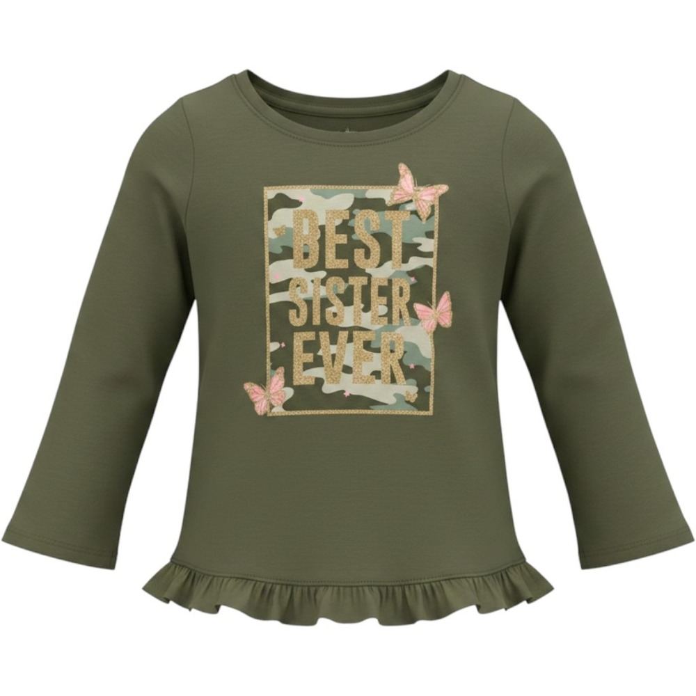 (A10) Garanimals Girls 4T Olive Green Best Sister Ever Camo Glitter Top Shirt‎